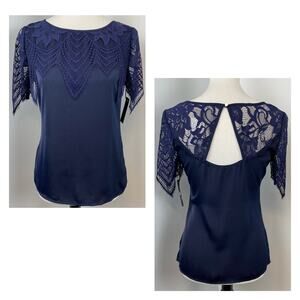 Tart Navy Lace Satin Short Sleeve Open Back Blouse Small Professional Career